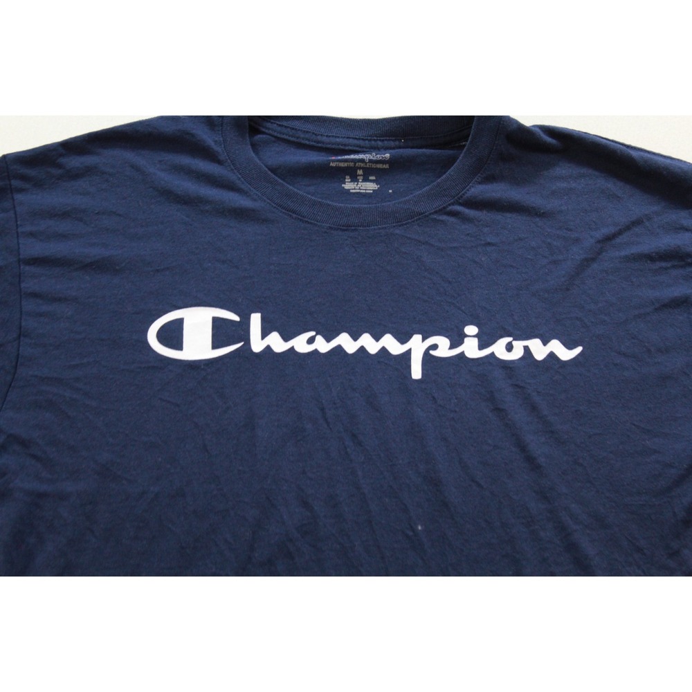 Champion T-Shirt Men Size M Blue Excellent Athletic Script Logo Short Sleeve - Picture 7 of 11